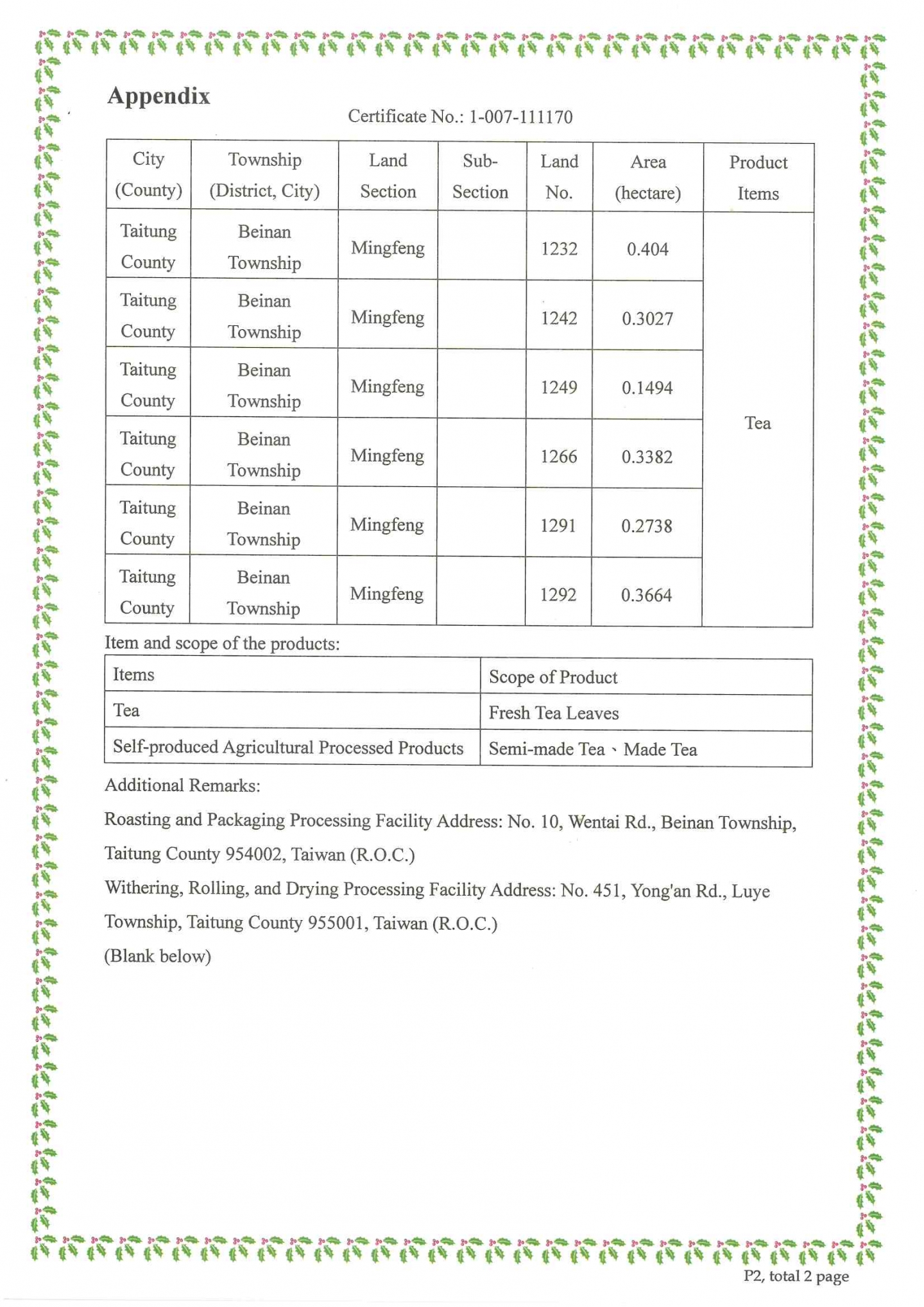 UNIVERSAL CERTIFICATION <br> Certificate of Organic Agricultural Product Certification